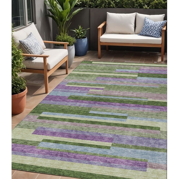 HomeRoots 613267 5 x 8 ft. Moss Green, Olive Green & Purple Striped Washable Indoor & Outdoor Rectangle Area Rug
