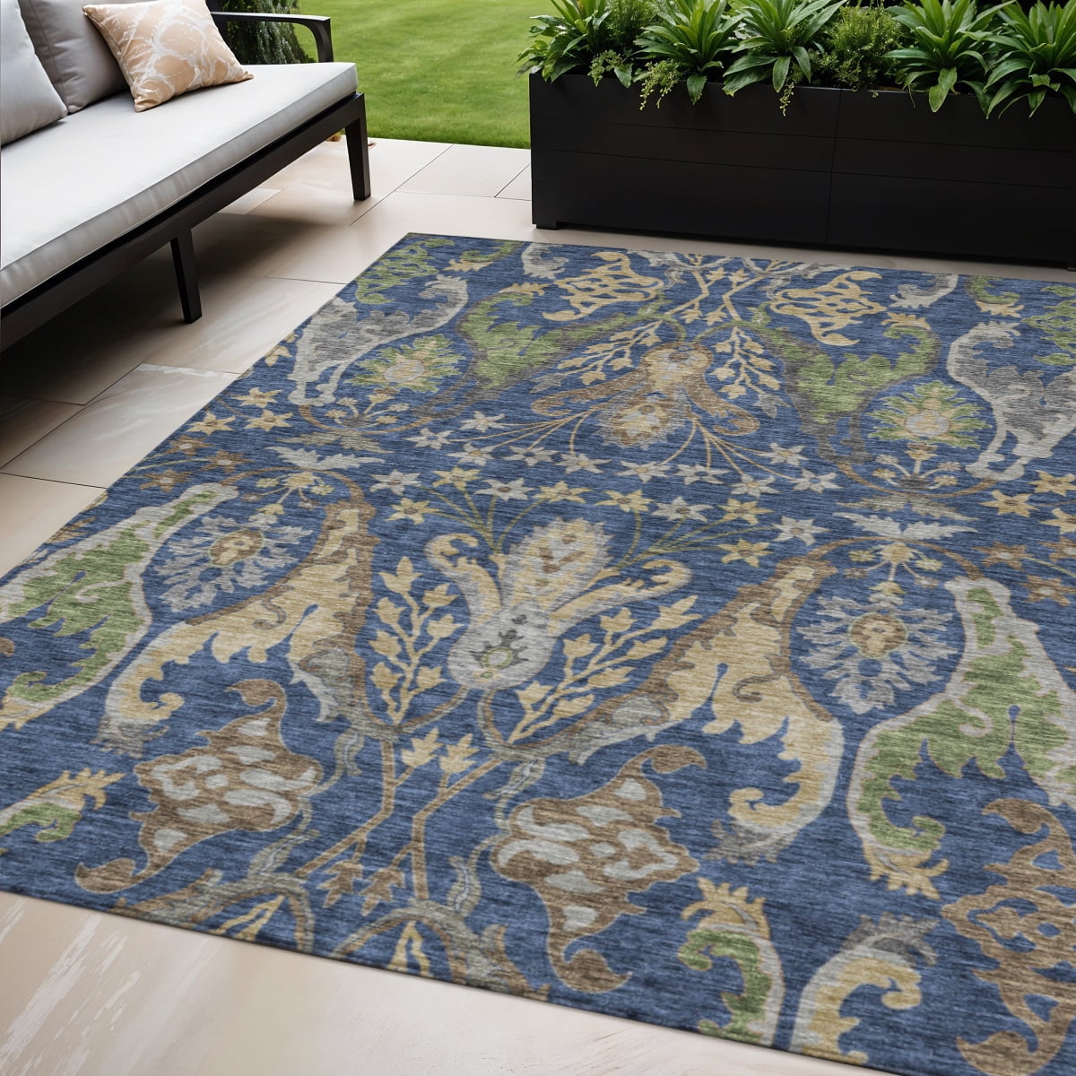 HomeRoots 605290 5 x 8 ft. Navy Blue, Green & Brown Floral Washable Indoor & Outdoor Rectangle Area Rug