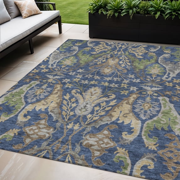 HomeRoots 605290 5 x 8 ft. Navy Blue, Green & Brown Floral Washable Indoor & Outdoor Rectangle Area Rug