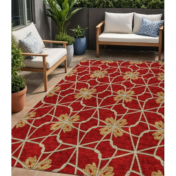 HomeRoots 613447 5 x 8 ft. Orange & Gold Geometric Washable Indoor & Outdoor Rectangle Area Rug