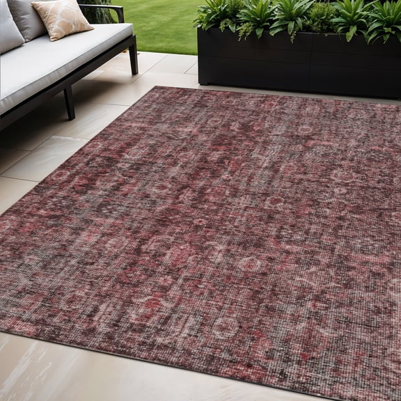 HomeRoots 605098 5 x 8 ft. Pink & Brick Red Damask Washable Indoor & Outdoor Rectangle Area Rug