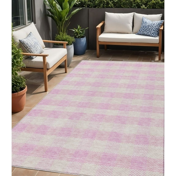 5' X 8' Pink And Gray Plaid Washable Indoor Outdoor Area Rug