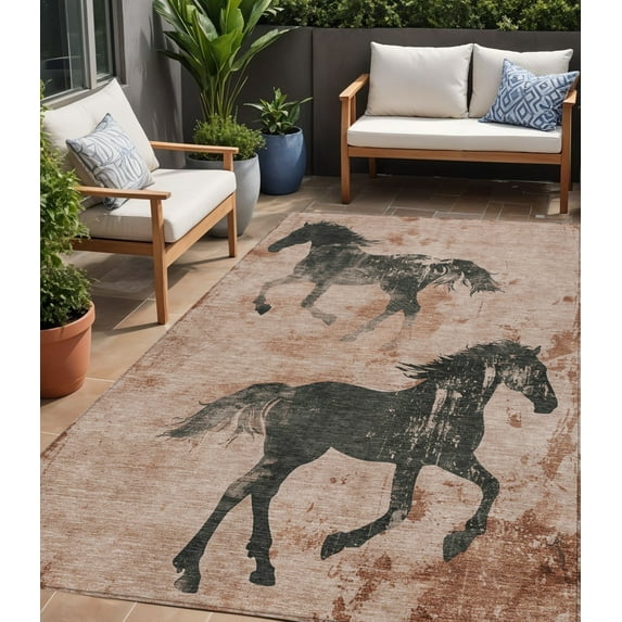 HomeRoots 618662 5 x 8 ft. Rust & Charcoal Horse Washable Indoor & Outdoor Rectangle Area Rug