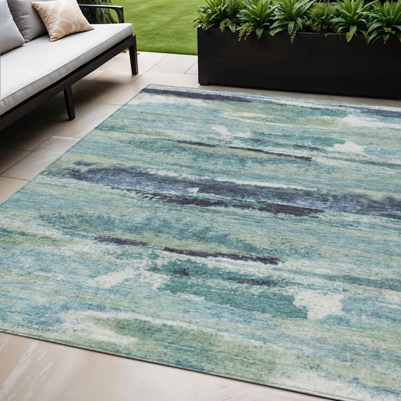 HomeRoots 612480 5 x 8 ft. Sage, Teal Blue & Navy Blue Abstract Washable Indoor & Outdoor Rectangle Area Rug