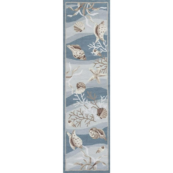 5' X 8' Seafoam Green Hand Hooked Sea Shells Indoor Area Rug