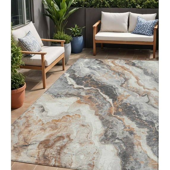 HomeRoots 618431 5 x 8 ft. Silver & Copper Abstract Washable Indoor & Outdoor Rectangle Area Rug