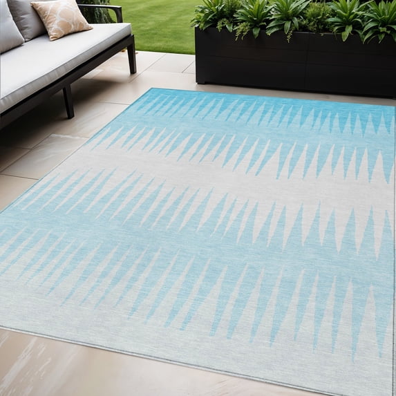 5' X 8' Sky Blue And Gray Striped Washable Indoor Outdoor Area Rug