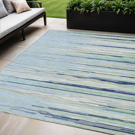5' X 8' Sky Blue Aqua And Gray Striped Washable Indoor Outdoor Area Rug