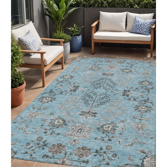 5' X 8' Sky Blue Gray And Charcoal Floral Washable Indoor Outdoor Area Rug