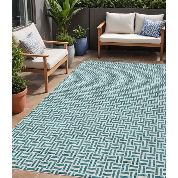 5' X 8' Teal Blue And Silver Geometric Washable Indoor Outdoor Area Rug