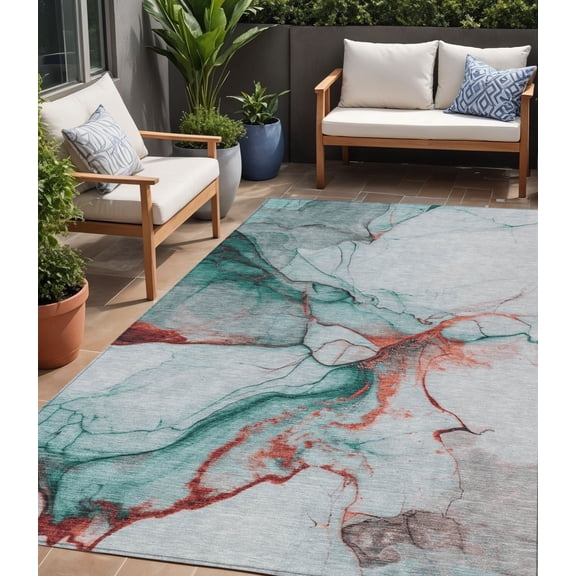 HomeRoots 617879 5 x 8 ft. Teal Blue & Terra Cotta Abstract Washable Indoor & Outdoor Rectangle Area Rug