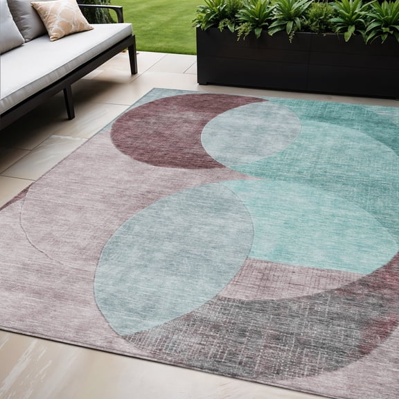 HomeRoots 604954 5 x 8 ft. Teal Blue, Brown & Beige Geometric Washable Indoor & Outdoor Rectangle Area Rug
