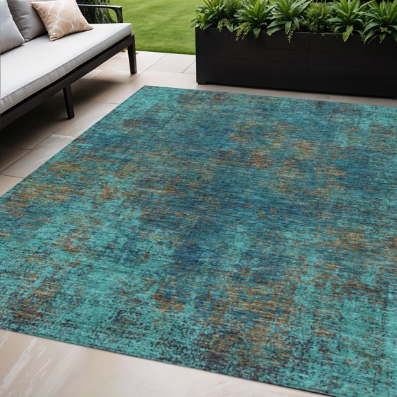 HomeRoots 612365 5 x 8 ft. Teal Blue, Navy Blue & Brown Abstract Washable Indoor & Outdoor Rectangle Area Rug