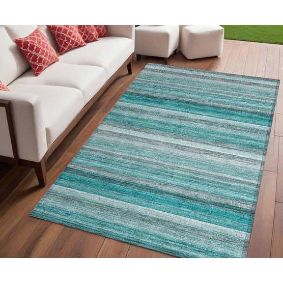 5' X 8' Teal Striped Washable Non Skid Indoor Outdoor Area Rug
