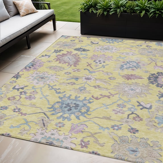 HomeRoots 605344 5 x 8 ft. Yellow, Lavender & Denim Blue Floral Washable Indoor & Outdoor Rectangle Area Rug