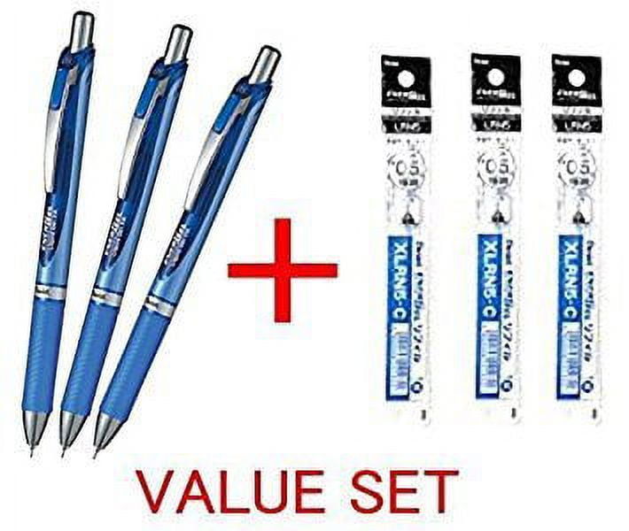 5 X Pentel Energel Deluxe RTX Retractable Liquid Gel Pen - 0.5mm - Blue Ink - Blue Body / Total 15Pens & 15Pens Refills Set