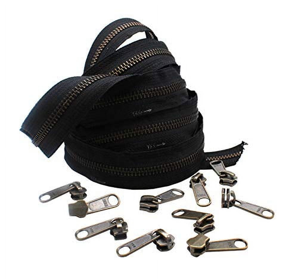 #5 YKK Continuous Antique Brass Black Zipper Chain - 10pcs #5 Non-Locking Long Pull Sliders Per 5 Yards - Color Black - Made in The United States (10 Yards & 20 Sliders)
