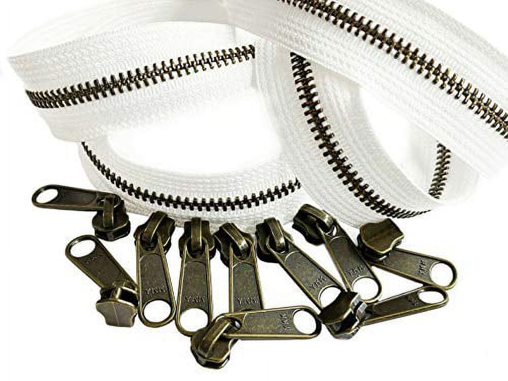 #5 YKK Continuous Antique Brass White Zipper Chain - 10#5 Non-Locking Long Pull Sliders Per 5 Yards - Color White - Made in The United States (20 Yards & 40 Sliders)
