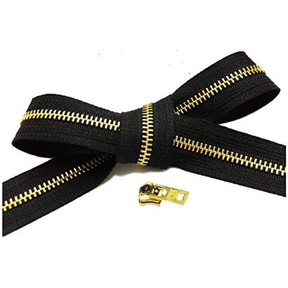 #5 YKK Continuous Brass Black Zipper Chain 15 Yards with Choice of Slider (15 Yards & 12 Pulls) Made in The United States (Foxtail - Auto Lock)
