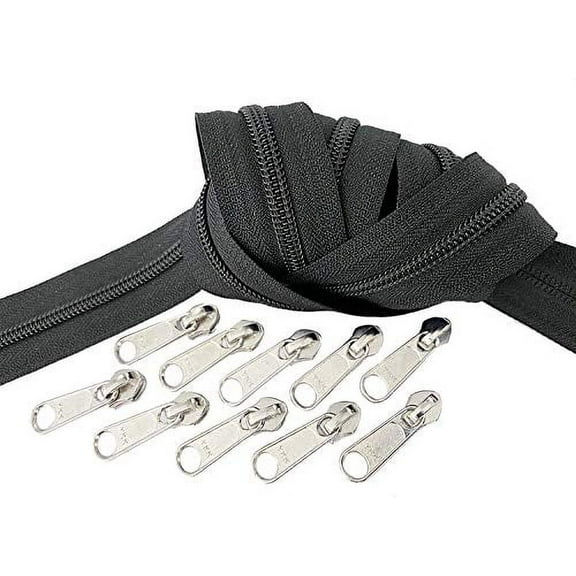#5 YKK Continuous Nylon Coil Black Zipper Chain Includes #5 Aluminum Non-Locking Long Pulls with Bottom Stops. - Color Black - Made in The United States (5 Yards & 10 Pulls)