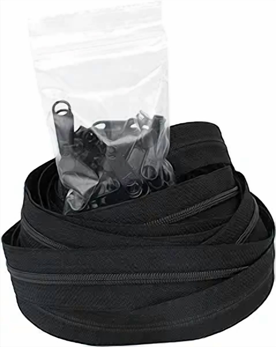 #5 YKK Zipper Black Coil Chain - 10 Yards & 25 Long Pull Sliders - Made in The United States