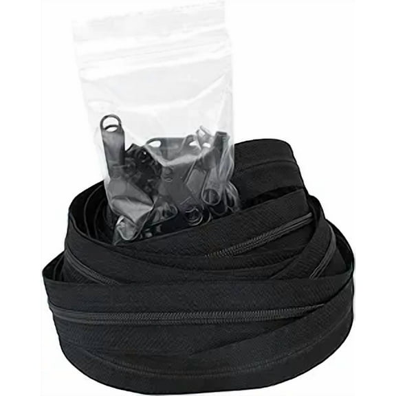 #5 YKK Zipper Black Coil Chain - 10 Yards & 25 Long Pull Sliders - Made in The United States