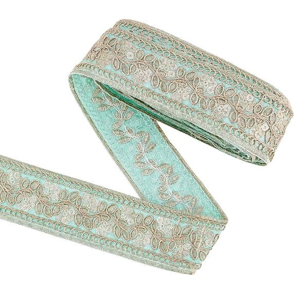 5 Yard 1.6 inch Turquoise Bohemian Embroidery Floral Ribbon Polyester Lace Trim Wire and Sequins Flower Pattern Woven Trim Ethnic Style Jacquard Ribbon for Clothing Decor