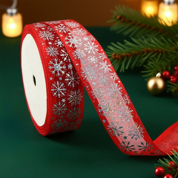 5 Yard Christmas Snowflake Red Ribbons Winter Snowflake Packing Tape Glitter Snowflake Organza Ribbon for Xmas Tree, Wreath, Party Decoration, Gift Wrapping