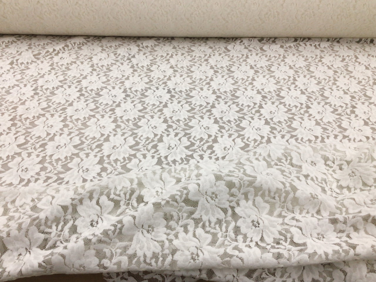5 Yard Lot Embroidered Stretch Lace Apparel Fabric Sheer Flocked Floral Off White HH212