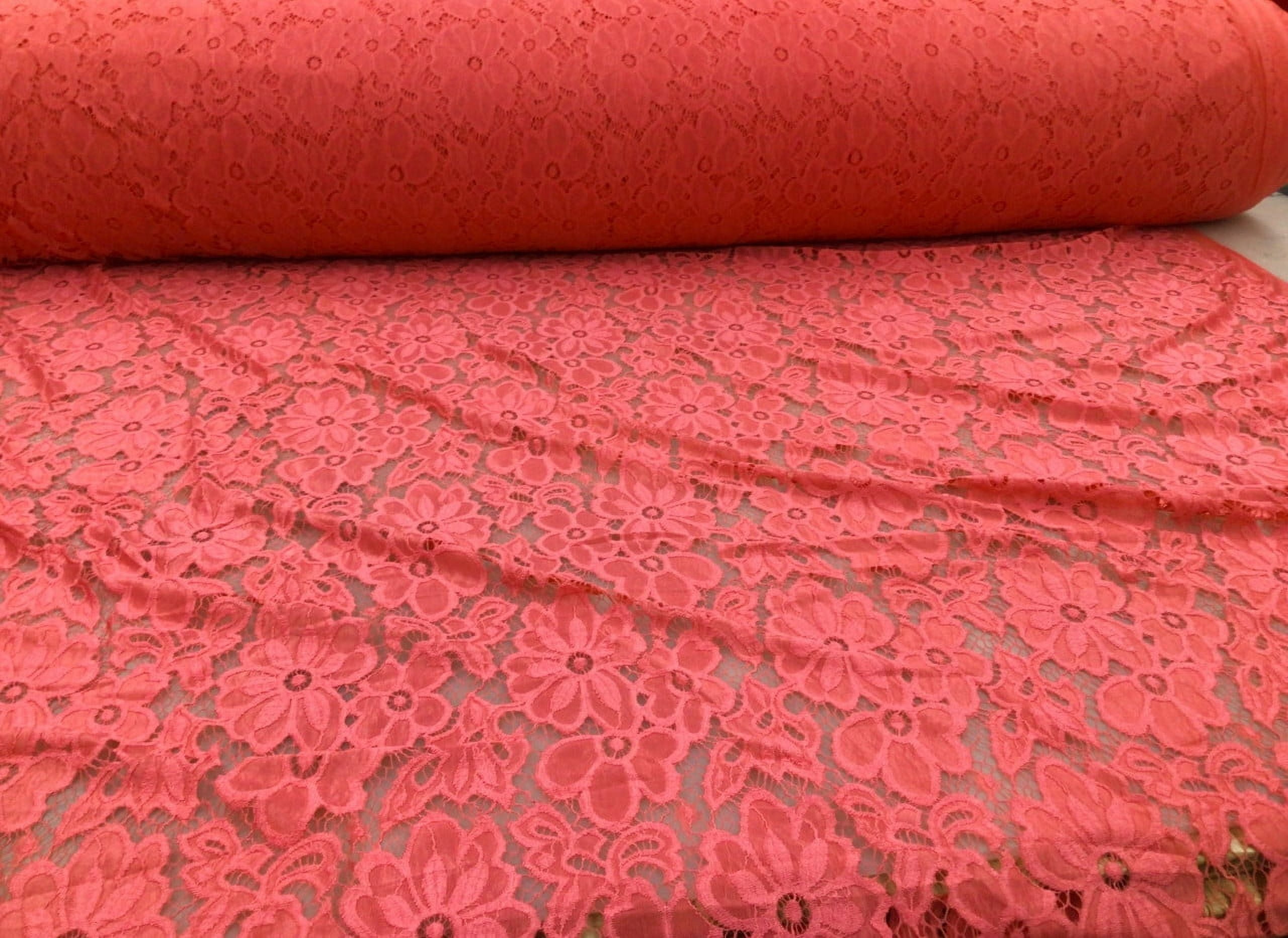 5 Yard Lot Embroidered Stretch Lace Apparel Fabric Sheer Floral Fiery Rose Pink VV311