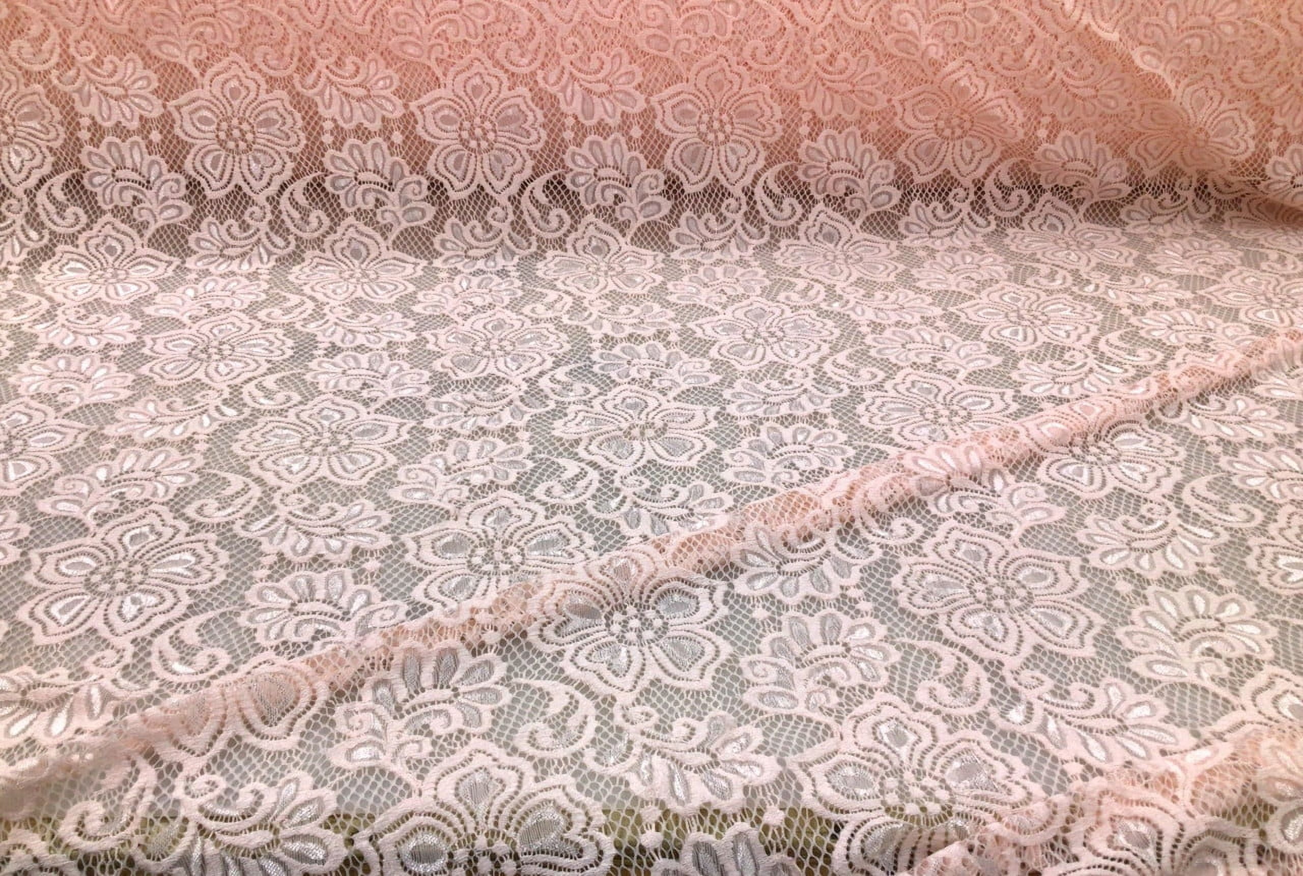 5 Yard Lot Embroidered Stretch Lace Apparel Fabric Sheer Floral Metallic Soft Pink UU211