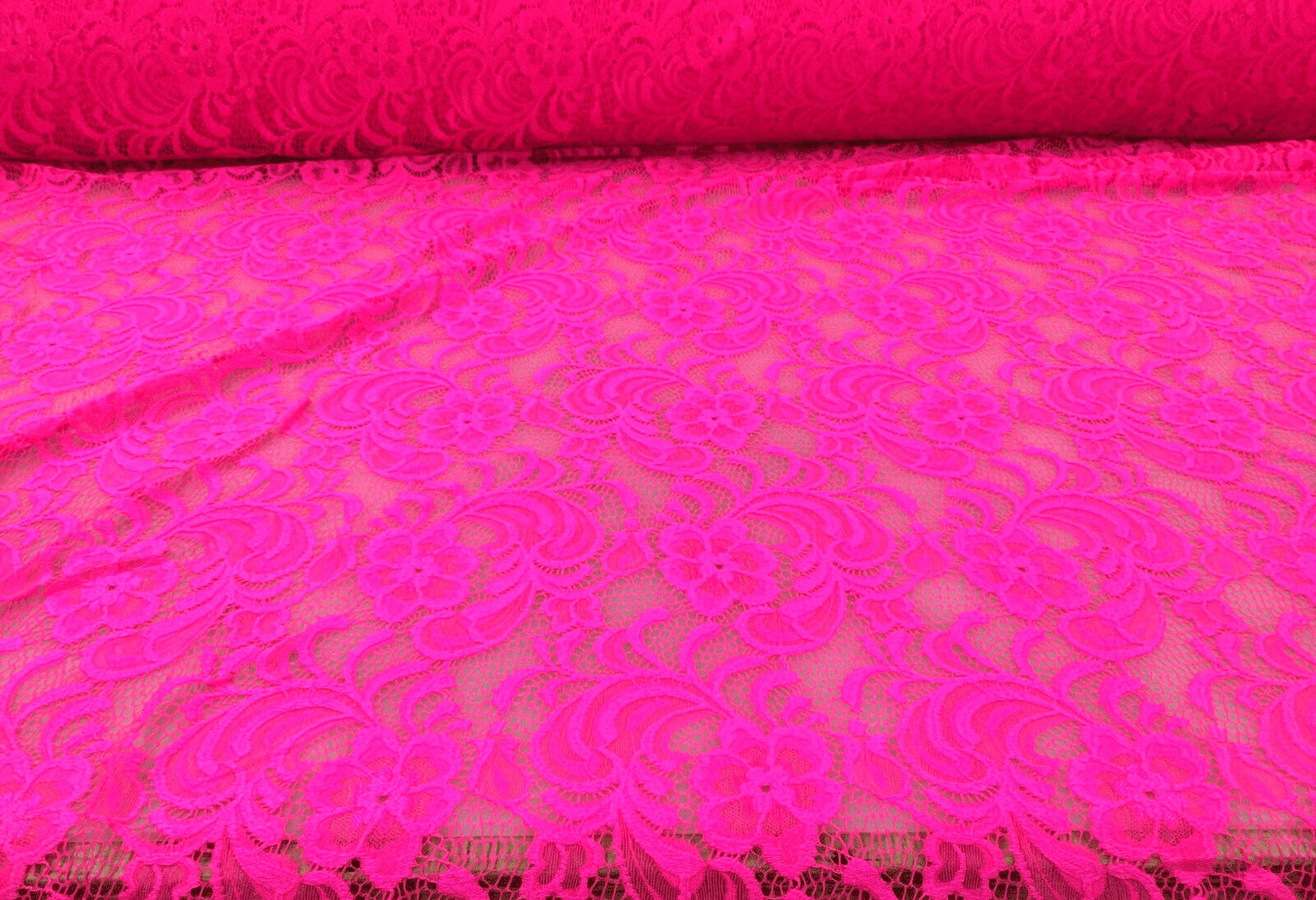 5 Yard Lot Embroidered Stretch Lace Apparel Fabric Sheer Floral Neon Pink UU210