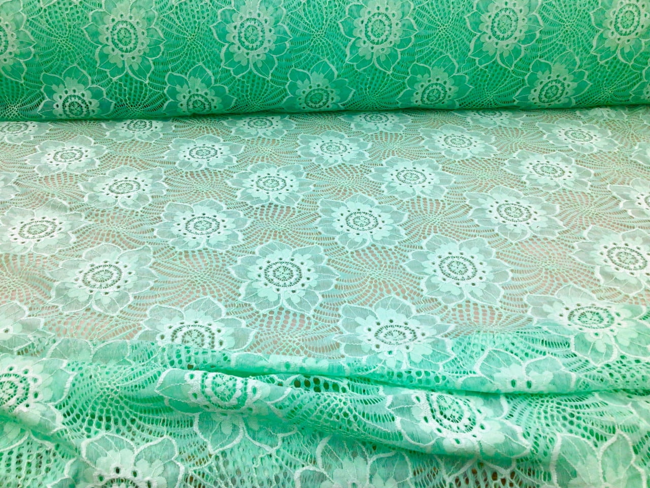 5 Yard Lot Embroidered Stretch Lace Apparel Fabric Sheer Mesh Floral Mint Green ZZ513
