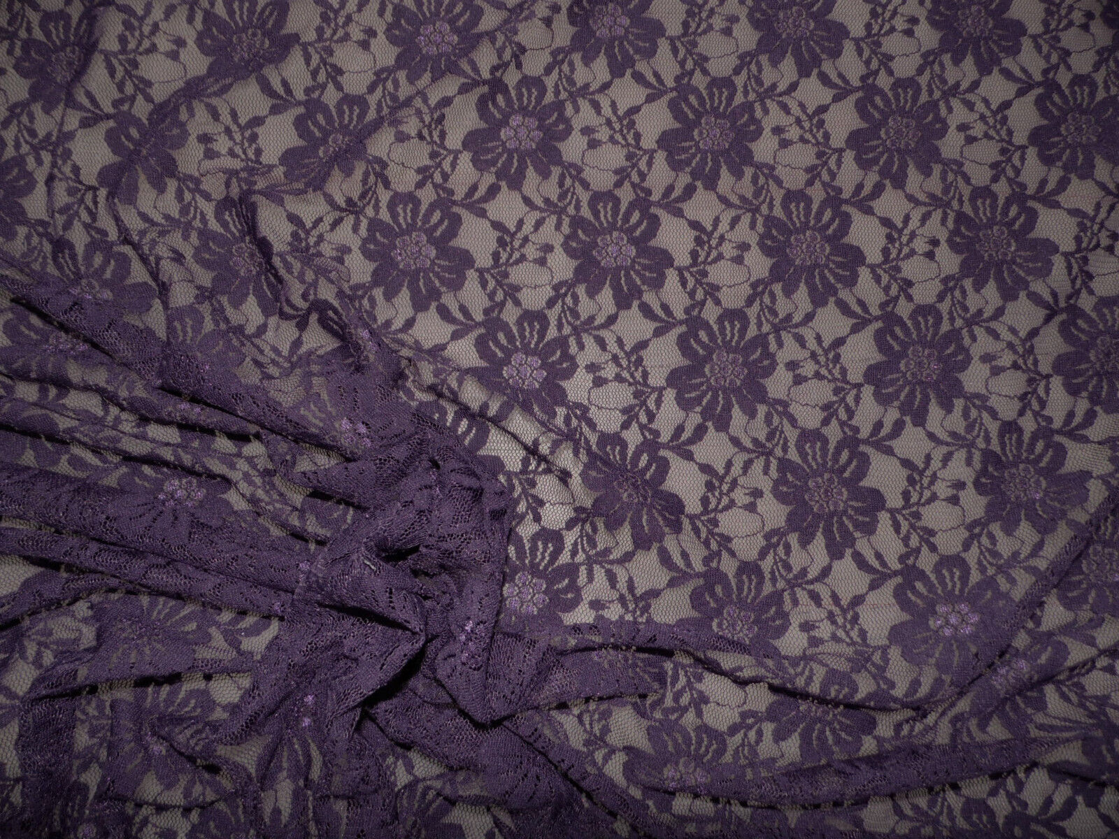 5 Yard Lot Embroidered Stretch Lace Apparel Fabric Sheer Metallic Floral Eggplant DD507