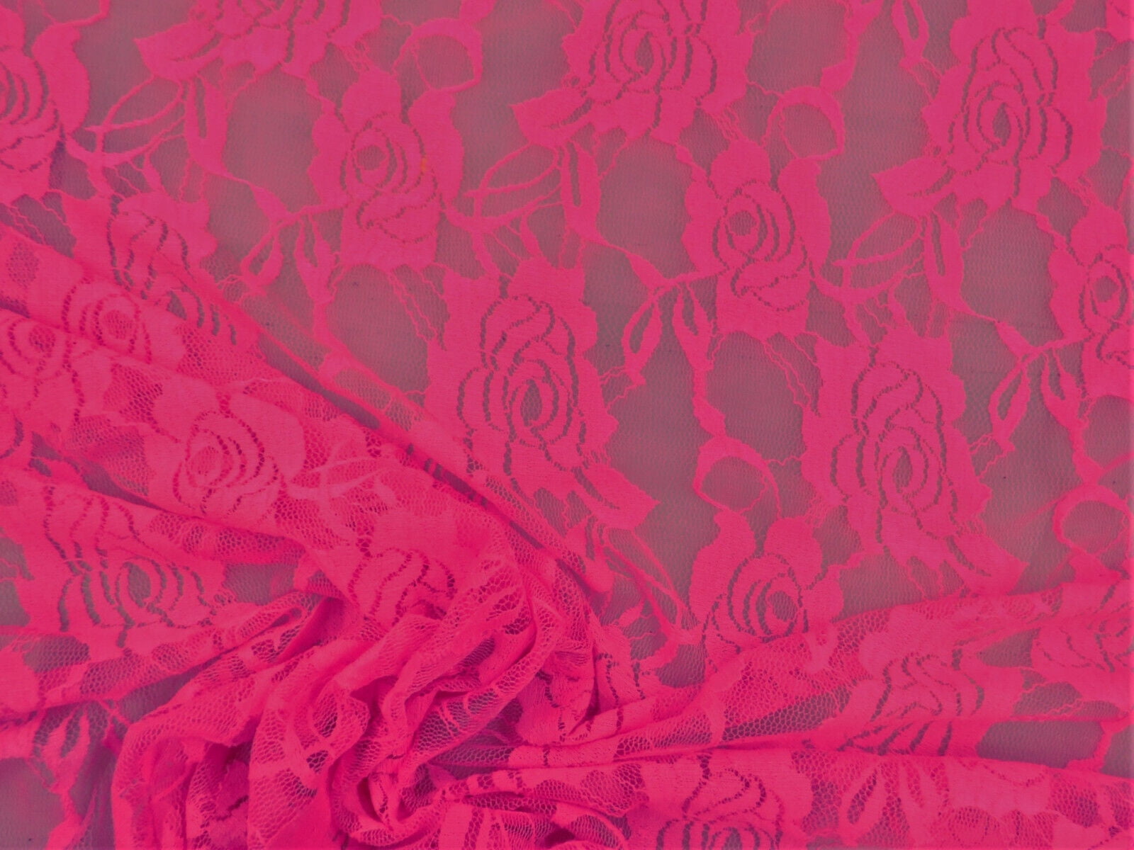 5 Yard Lot Embroidered Stretch Lace Apparel Fabric Sheer Neon Pink Rose Floral DD304
