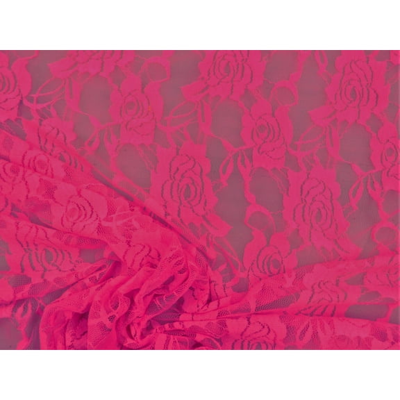5 Yard Lot Embroidered Stretch Lace Apparel Fabric Sheer Neon Pink Rose Floral DD304
