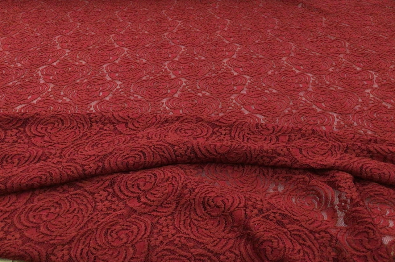 5 Yard Lot Embroidered Stretch Lace Apparel Fabric Sheer Rose Floral Ruby Red ZZ214