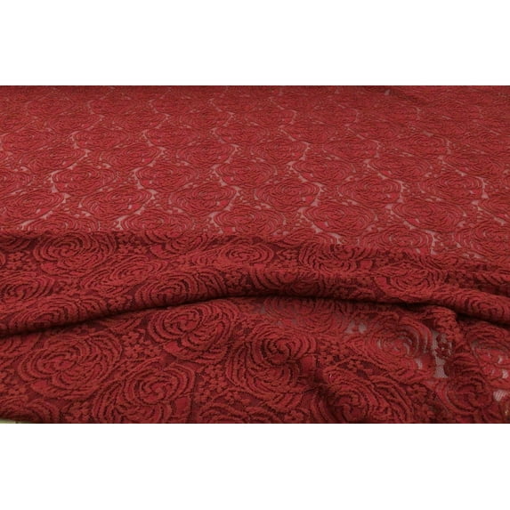 5 Yard Lot Embroidered Stretch Lace Apparel Fabric Sheer Rose Floral Ruby Red ZZ214