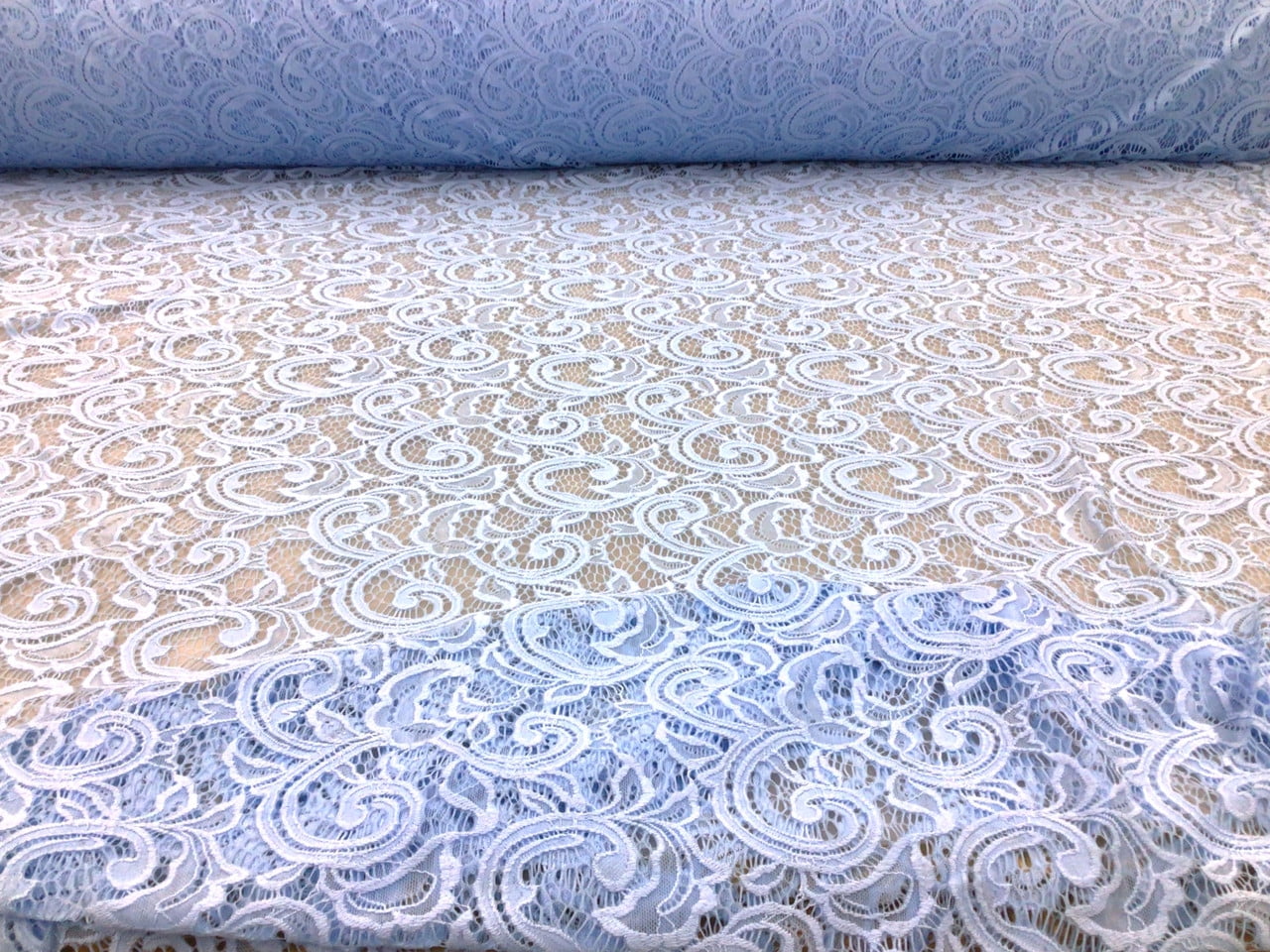 5 Yard Lot Embroidered Stretch Lace Apparel Fabric Sheer Scrolling Floral Lt Sky Blue ZZ412