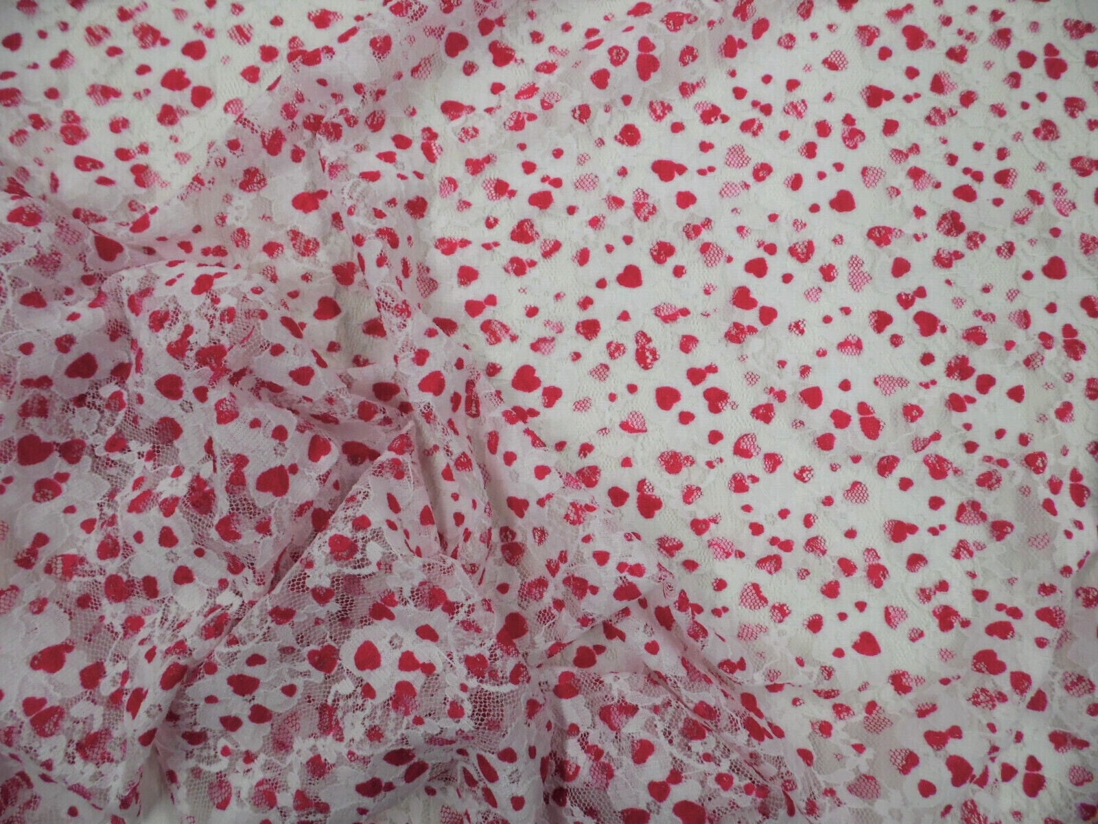 5 Yard Lot Printed Stretch Lace Apparel Fabric Sheer Floral Valentine Hearts Red White B215