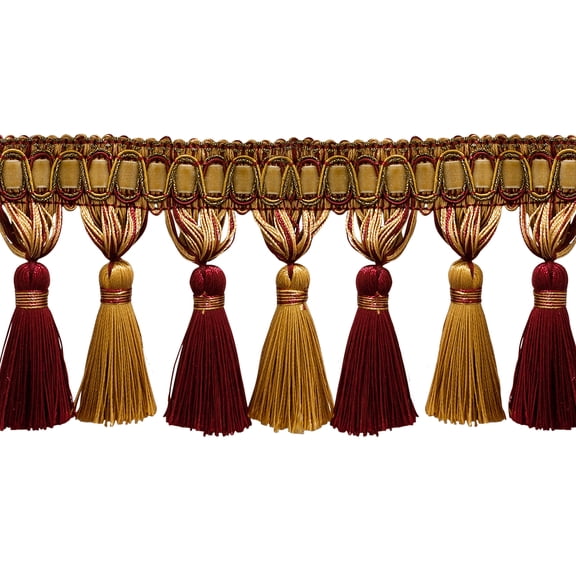 5 Yard Value Pack of Elegant 3 3/4" Long Wine (deep red), Gold Tassel Fringe - Carmine Gold 1253 (15 Ft / 4.5 Meters)