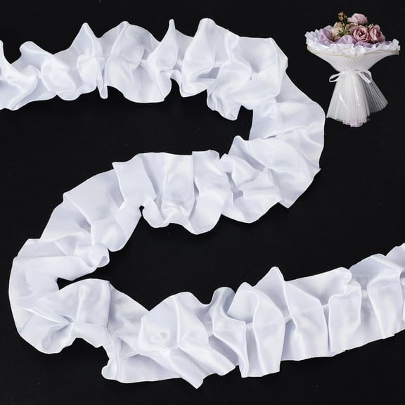 5 Yard White Flower Wrapping Ruffle Ribbon Trim Pleated Lace Ribbon Vintage White Edging Trim Fabric Bouquet Decoration for Flower Cake Sewing Craft Wedding Dress Embellishment DIY Decor diy White