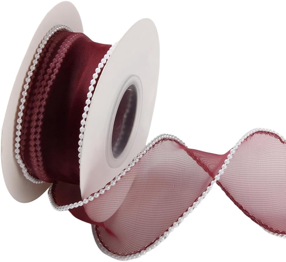 Sewing Edge Ribbon 5 Yards 1 1/2 Inch Dark Red Pearl Edged Ribbon Burgundy Sheer Wired ...