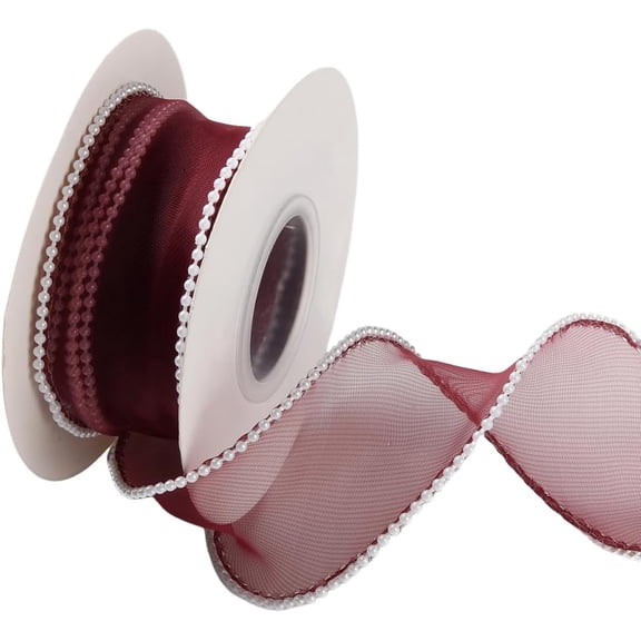 5 Yards 1 1/2 Inch Dark Red Pearl Edged Ribbon Burgundy Sheer Wired Ribbon Organza Mesh Fishtail Ribbons Bundle Rolls with Spool for Sewing Making Crafts Christmas Party DIY Supplies for DIY