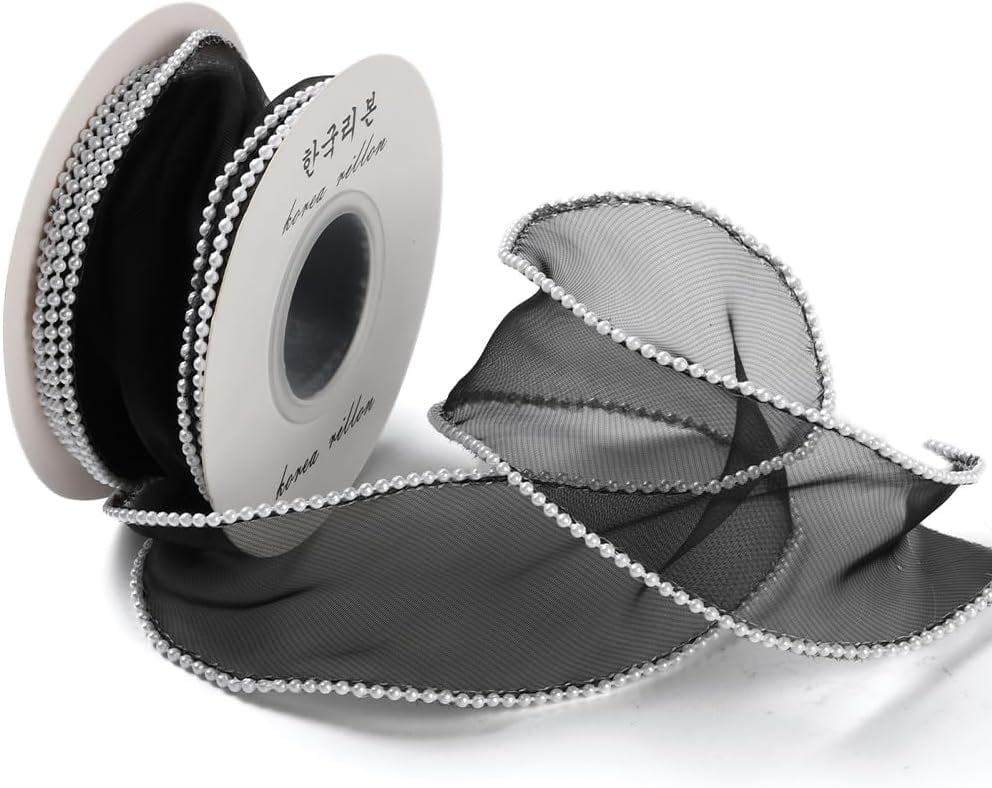 5 Yards 1 1/2 Inch Faux Pearl Edge Ribbon Black Transparent Organza ...