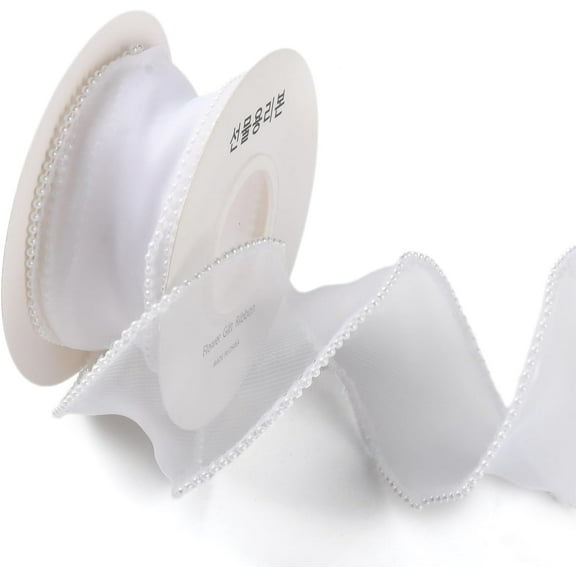 5 Yards 1 1/2 Inch White Faux Pearl Edge Ribbon Organza Mesh Smooth Ribbon Fishtail Sheer Transparent Ribbons Bundle Rolls with Spool for Sewing Making Crafts Corsage Wedding Invition Supply