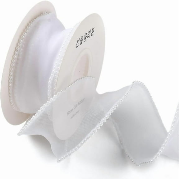 5 Yards 1 1/2 Inch White Pearl Edge Ribbon Organza Mesh Smooth Ribbon Fishtail Sheer Transparent Ribbons Bundle Rolls with Spool for Sewing Making Crafts Corsage Wedding Invition Supply for making