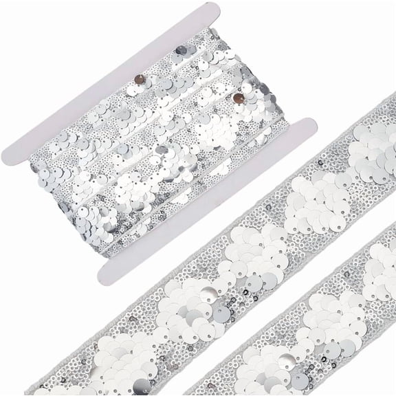 5 Yards 1.57 Inchs Silver Sequin Embroidered Ribbons Glitter Mesh Strap Round Sequins Embellish White Thread Trims Seam Edge Lace Trim Ribbon