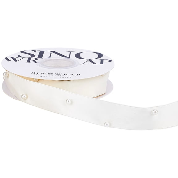 5 Yards 1 Inch White Pearl Silky Ribbons Plastic Pearls Chiffon Trim Embellished with Artificial Beads Satin Softy Ribbon DIY