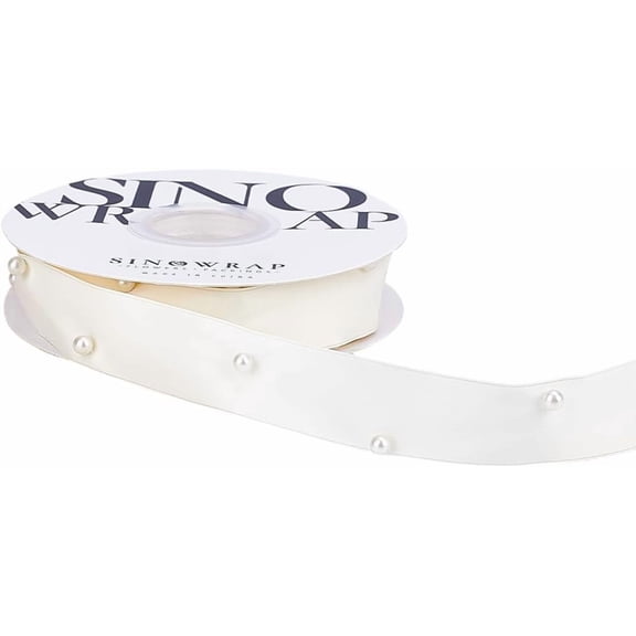 5 Yards 1 Inch White Pearl Silky Ribbons Plastic Pearls Chiffon Trim Embellished with Artificial Beads Satin Softy Ribbon
